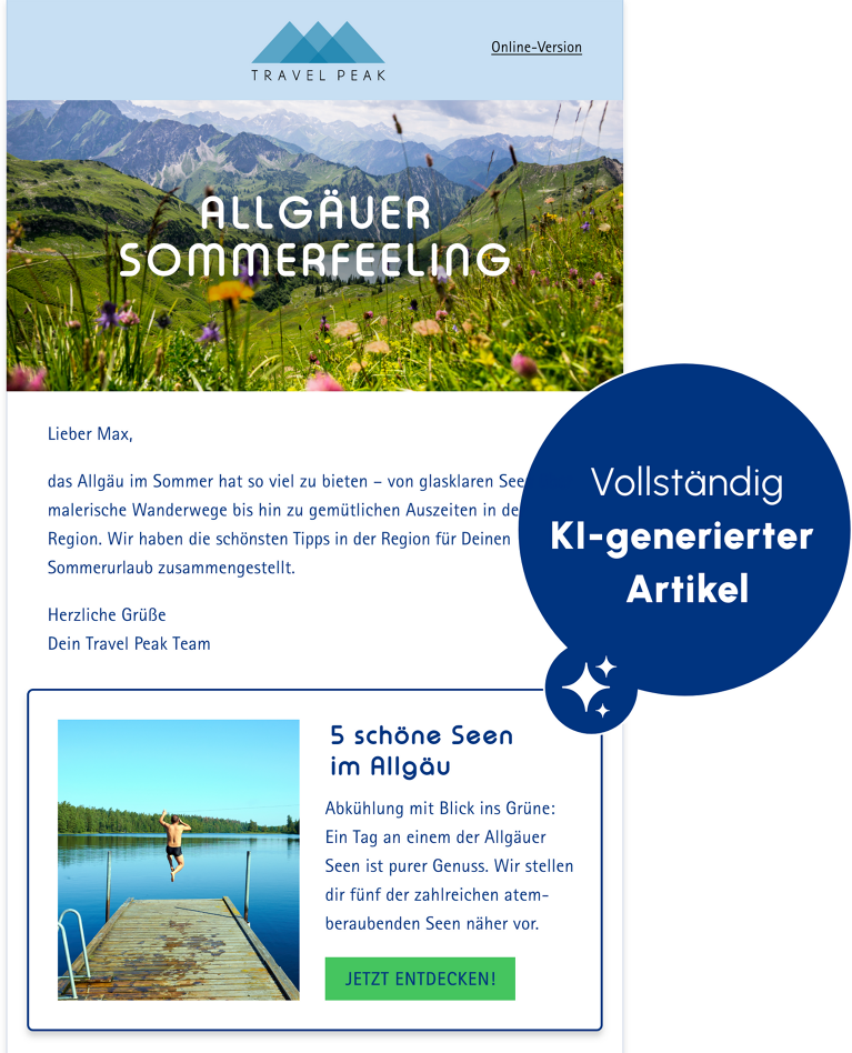 Newsletter Travel Peak mit Info dass es ein vollständig KI-generierter Artikel ist