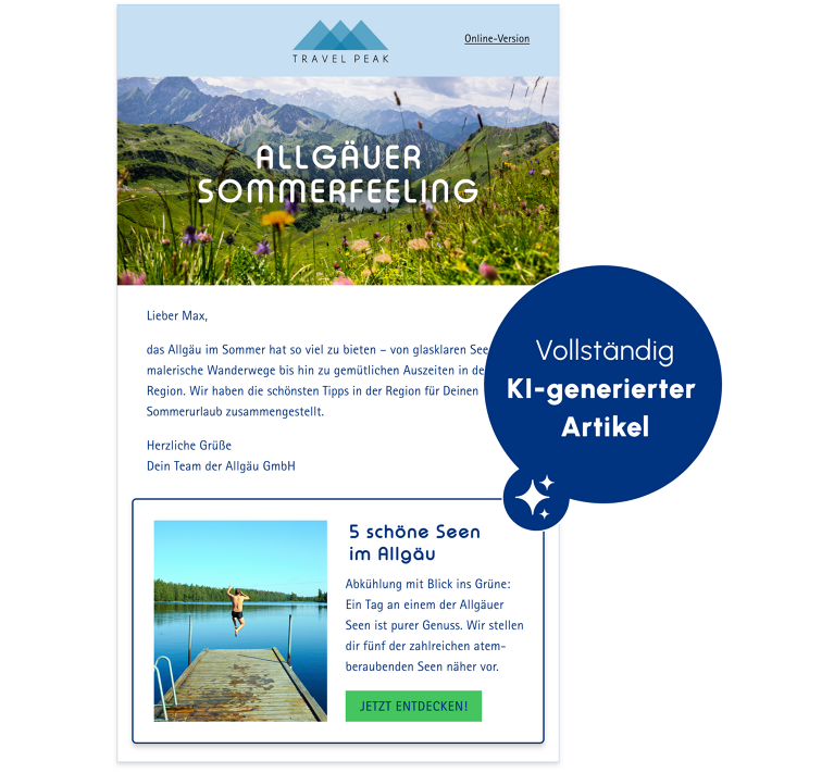 Newsletter Travel Peak mit Info dass es ein vollständig KI-generierter Artikel ist